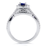 Yaffie Bridal Set with Sapphire and Halo Diamonds in White Gold