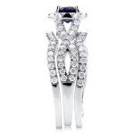 Three-Piece Bridal Set with Round Sapphire, Halo Diamonds, and 7/8ct TDW in White Gold by Yaffie, featuring Crisscross Design.