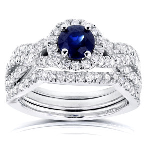 3-Piece Yaffie Sapphire and Diamond Halo Set with White Gold Criss Cross Design and 7/8ct TDW