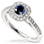 Blue Sapphire and Diamond Halo Ring in Yaffie White Gold
