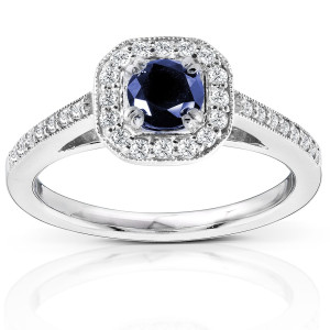 Blue Sapphire and Diamond Halo Ring in Yaffie White Gold