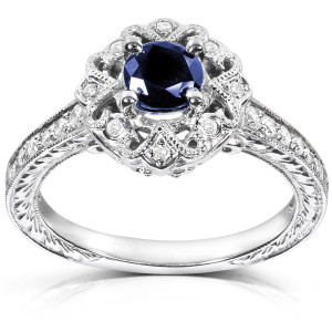 Vintage Engagement Ring with Round-cut Blue Sapphire and Diamond in White Gold by Yaffie