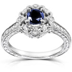 Blue Sapphire and Diamond Vintage Engagement Ring with Yaffie White Gold Circle-Cut Excellence