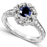 Blue Sapphire and Diamond Vintage Engagement Ring with Yaffie White Gold Circle-Cut Excellence