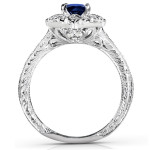 Vintage Engagement Ring with Round-cut Blue Sapphire and Diamond in White Gold by Yaffie