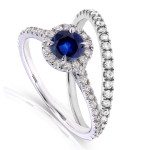 Bridal Set with Halo of 1/2ct Diamond and Sapphire Round-cut in Yaffie White Gold