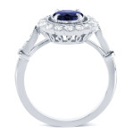 Art Deco Flower Engagement Ring with Round-cut Sapphire & 1/4ct TDW Diamond in Yaffie White Gold