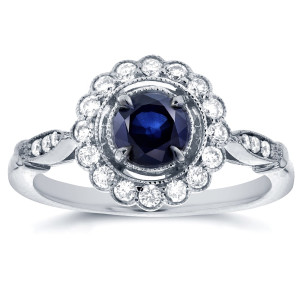Art Deco Flower Engagement Ring with Round-cut Sapphire & 1/4ct TDW Diamond in Yaffie White Gold