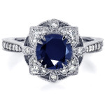 Antique Floral Ring with Round-cut Sapphire and 1/4ct TDW Diamond set in White Gold by Yaffie