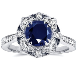 Antique Floral Ring with Round-cut Sapphire and 1/4ct TDW Diamond set in White Gold by Yaffie