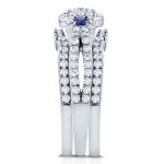 Sapphire & Diamond Halo Three Stone Double Band in White Gold - Yaffie Jewellery