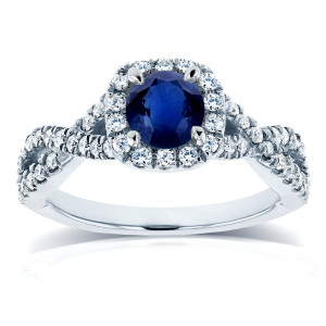 Sapphire and Diamond Crossover Ring in White Gold with Halo Design, by Yaffie