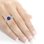 Antique Engraved Bridal Ring Set with White Gold, Stunning Sapphire, and 1/3ct TDW Diamonds by Yaffie.