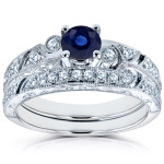 White Gold Sapphire & Diamond Bridal Set with Elegant Filigree Milgrain Design