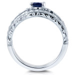 White Gold Sapphire and Diamond Milgrain Bridal Set with Filigree Detailing by Yaffie