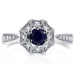 Milgrain Yaffie Sapphire & Diamond Engagement Ring in White Gold - 1/4ct TDW