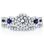 White Gold Sapphire and Diamond Bridal Set Featuring 1ct TDW Halo Three Stone Design by Yaffie
