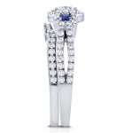 Sapphire and Diamond Three Stone Bridal Set with White Gold Halo by Yaffie, 1ct TDW