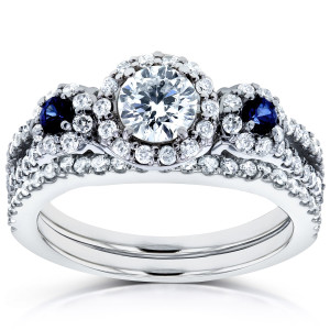 White Gold Sapphire and Diamond Bridal Set Featuring 1ct TDW Halo Three Stone Design by Yaffie
