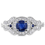 Sapphire Diamond Antique Ring with Milgrain in White Gold by Yaffie