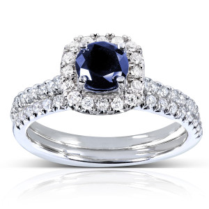 Sparkling Halo Bridal Set with Sapphire, Diamonds, and White Gold