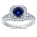 Antique Milgrain Ring with Yaffie White Gold and Sapphire, adorned with 3/5ct TDW Diamond Halo