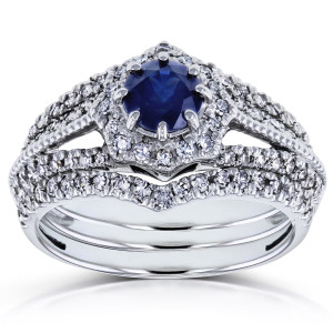 White Gold Sapphire and Diamond Star Halo Bridal Set with 3/5ct Total Weight, by Yaffie