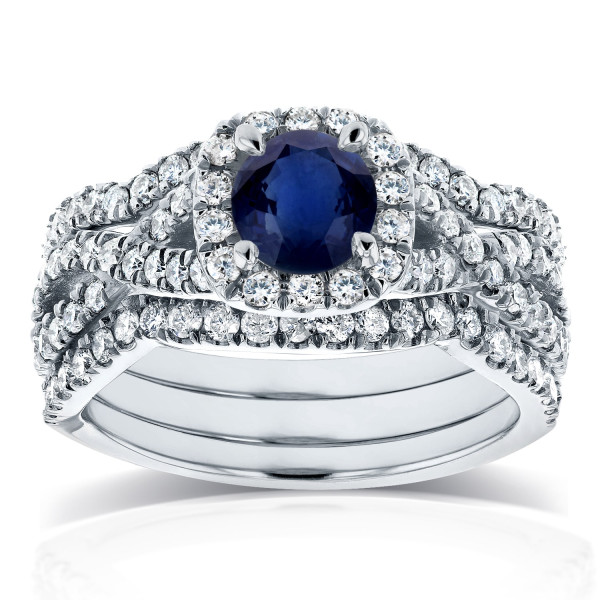 Sapphire & Diamond White Gold Crossover Bridal Ring Set (7/8ct TW)