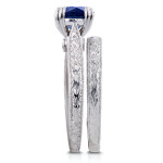 Antique Engraved Bridal Set in White Gold with Sapphire and Diamond Accents by Yaffie.