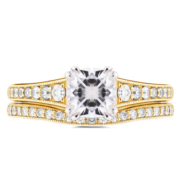 Yaffie Gold Bridal Set with Cushion Moissanite and Diamond Accent (1 1/10ct and 2/5ct TDW)