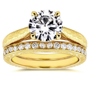Yaffie Gold Antique Cathedral Ring with 1 1/2ct Moissanite and 1/3ct TDW Diamonds