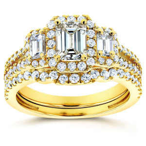 Stunning Yaffie Gold Bridal Set with Three Emerald Shaped Diamonds totaling 1 1/2ct TDW
