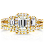 Stunning Yaffie Gold Bridal Set with Three Emerald Shaped Diamonds totaling 1 1/2ct TDW