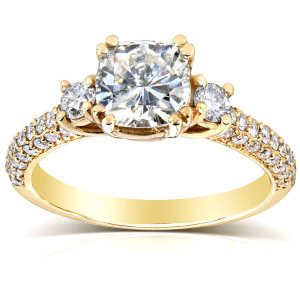 Sparkling Yaffie Gold Engagement Ring with Cushion Moissanite, 1 1/2ct TGW and Dazzling Diamond Accents