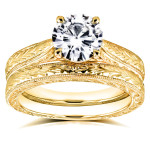 Antique Cathedral Bridal Rings with Yaffie Gold and 1 1/2ct TGW Moissanite and Diamond Sparkle