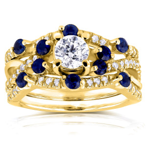 Yaffie Gold Bridal Set with Double Blue Sapphire and 1 1/3ct TCW Diamonds