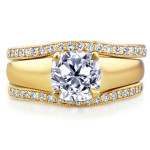 Yaffie Gold Bridal Set with Cushion Diamond Solitaire and Double Diam - 1 1/3ct TDW