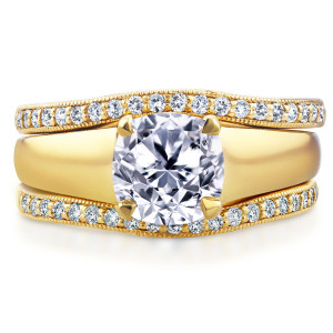 Yaffie Gold Bridal Set with Cushion Diamond Solitaire and Double Diam - 1 1/3ct TDW