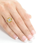 Vintage Floral Ring with Cushion Moissanite and Diamonds, 1 1/3 ct TGW in Yaffie Gold