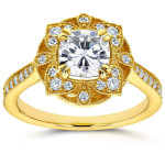 Vintage Floral Ring with Cushion Moissanite and Diamonds, 1 1/3 ct TGW in Yaffie Gold