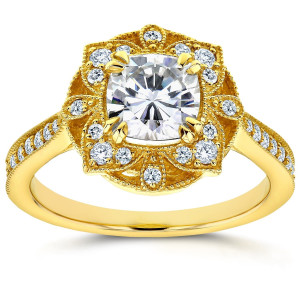 Floral Antique Ring with Yaffie Gold Cushion Moissanite and Diamond, 1 1/3ct TGW