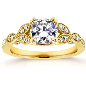 Moissanite and Diamond Vintage Engagement Ring with Floral Accent, Yaffie Gold 1 1/3 ct TGW Cushion-cut