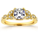Moissanite and Diamond Vintage Engagement Ring with Floral Accent, Yaffie Gold 1 1/3 ct TGW Cushion-cut