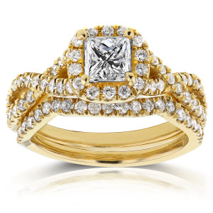 Double Band 1 1/5ct Princess Diamond Halo Bridal Ring by Yaffie Gold