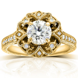 Vintage Floral Engagement Ring with Yaffie Gold Setting and 1.2ct Moissanite and Diamond Stones.