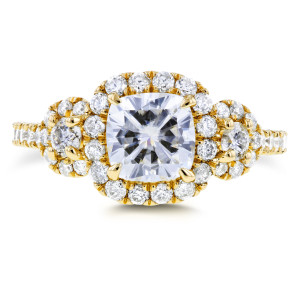 Sparkling Yaffie Gold Halo Ring with Forever One Near Colorless Moissanite and 1 7/8ct TCW Shimmering Diamonds