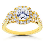 Sparkling Yaffie Gold Halo Ring with Forever One Near Colorless Moissanite and 1 7/8ct TCW Shimmering Diamonds