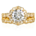 Flower-inspired Antique Bridal Rings Set with 1 7/8ct TGW Moissanite and Glittering Diamonds by Yaffie Gold.