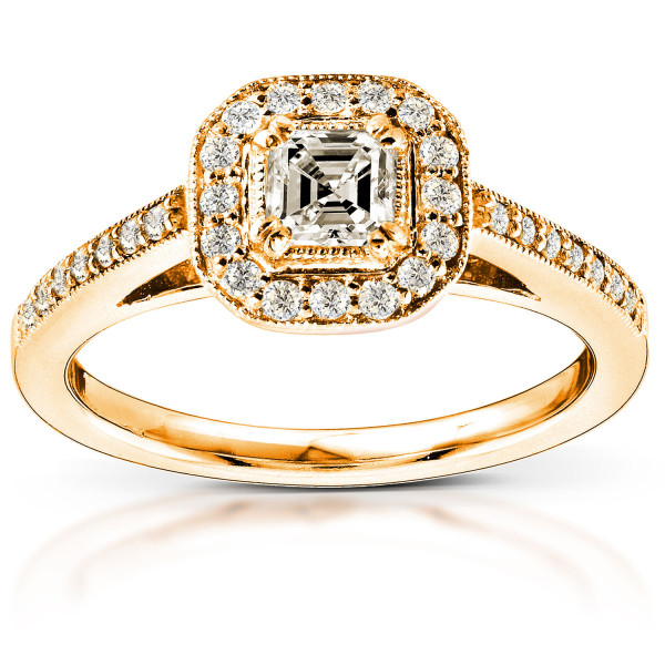 Asscher Diamond Halo Engagement Ring by Yaffie Gold: Sparkling 0.50ct TDW