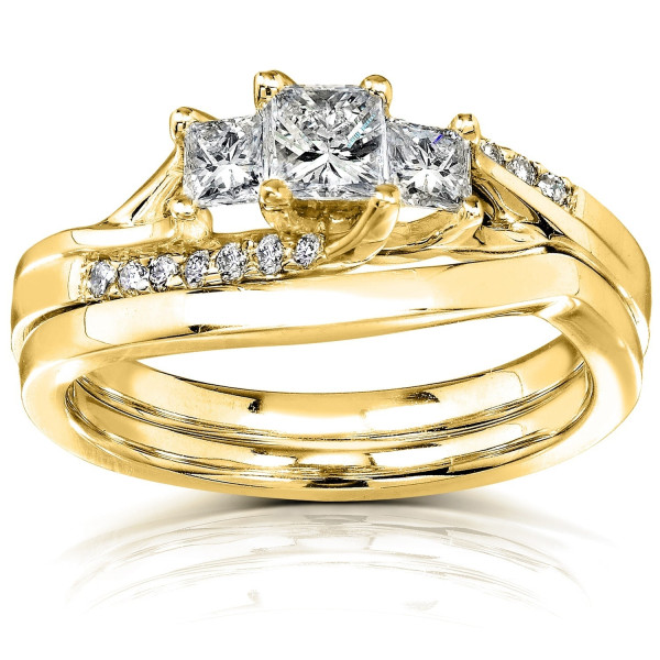 Golden Yaffie Princess Diamond Trio Bridal Ring Set with Curved Design (0.5ct TDW)